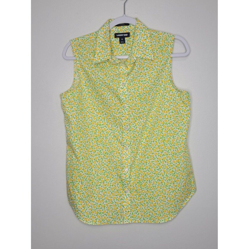 Lands'End lemon fruit yellow green bright button front sleeveless top size 10